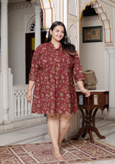 Plus Size Printed Women Maroon Tunic Dress-130021